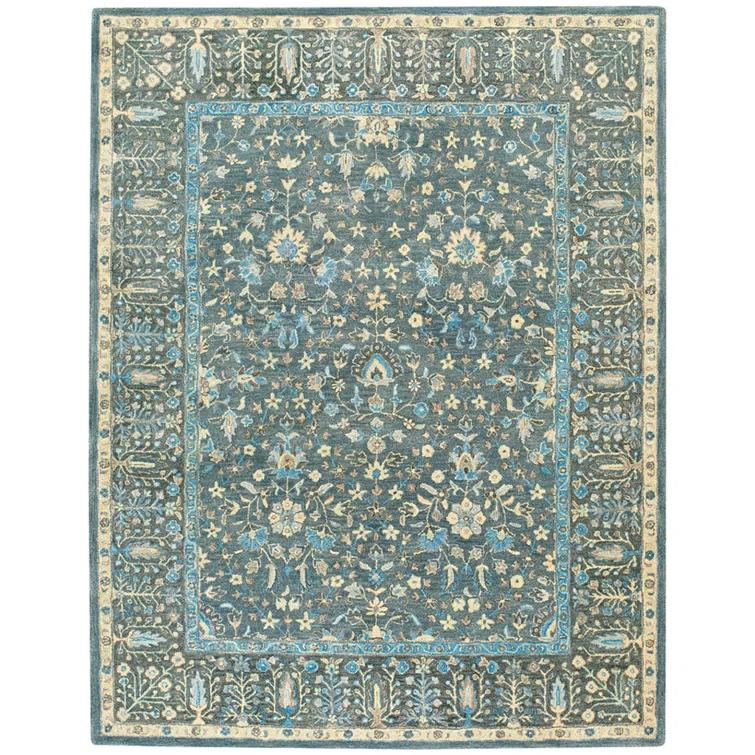 Bungalow Rose Lachan Smyrna- Persian Cedars Oriental Hand Tufted Wool Blue/Yellow Area Rug