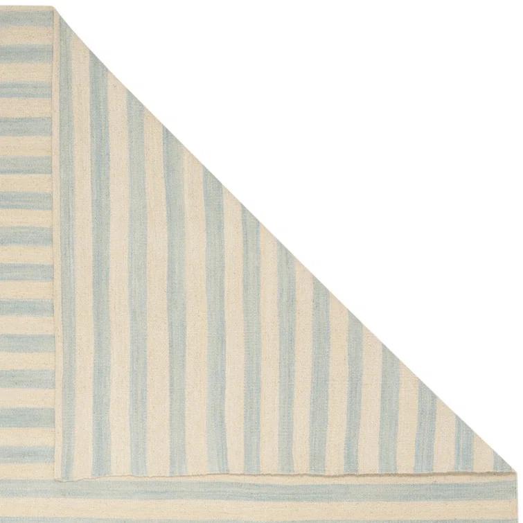 Small Sky Blue and White Wool Stripe Area Rug