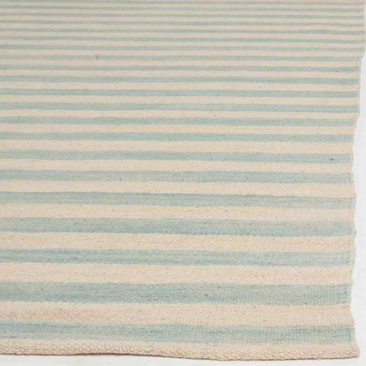 Small Sky Blue and White Wool Stripe Area Rug