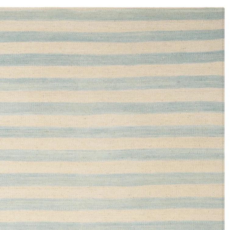 Small Sky Blue and White Wool Stripe Area Rug