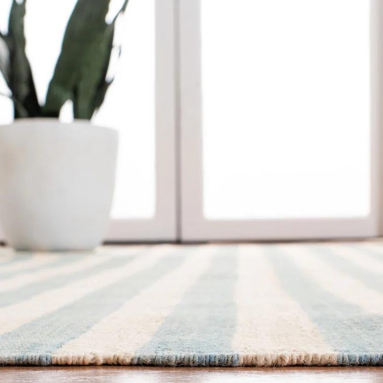 Small Sky Blue and White Wool Stripe Area Rug
