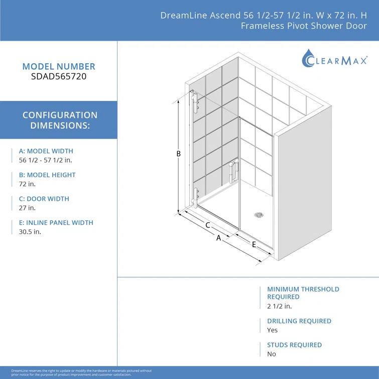 DreamLine Ascend 56-57 in. W x 72 in. H Frameless Pivot Shower Door