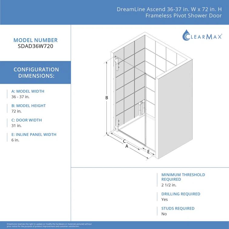 DreamLine Ascend 36-37 in. W x 72 in. H Frameless Pivot Shower Door