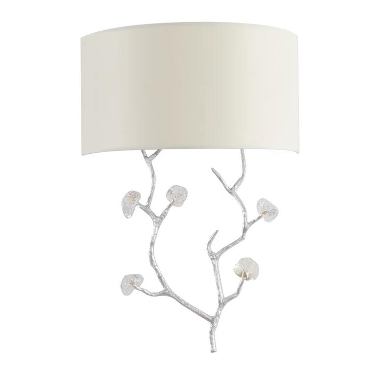 Silver Branch Wall Sconce with Clear Glass Petals and Off-White Shade