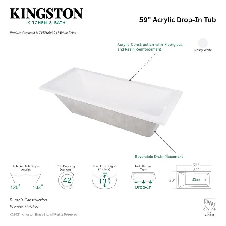 Kingston Brass XVTPN593017 Kingston Brass Aqua Eden 59-Inch Acrylic Rectangular Drop-In Tub with Drain