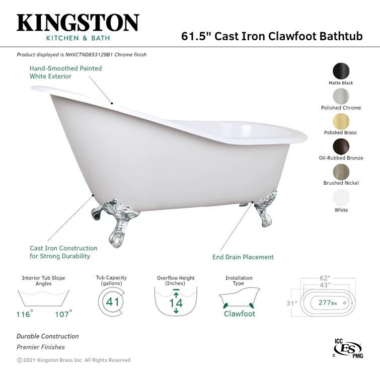 Kingston Brass Aqua Eden 61-Inch Cast Iron Oval Single Slipper Clawfoot Tub (No Faucet Drillings)