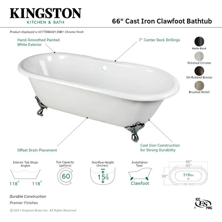 Kingston Brass Aqua Eden 66-Inch Cast Iron Oval Double Ended Clawfoot Tub (7-Inch Faucet Drillings)