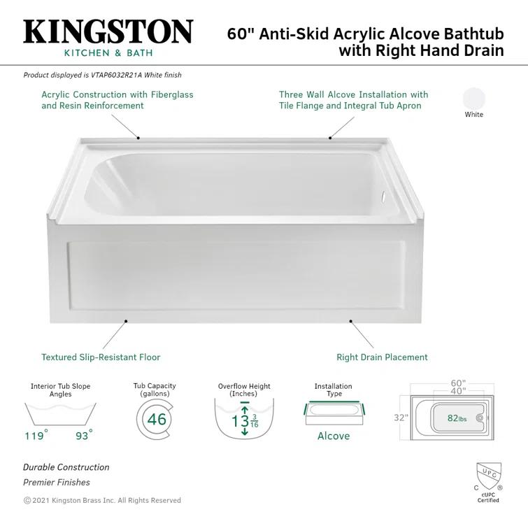 Kingston Brass Aqua Eden 60-Inch Acrylic Rectangular 3-Wall Alcove Tub with Anti-Skid Surface