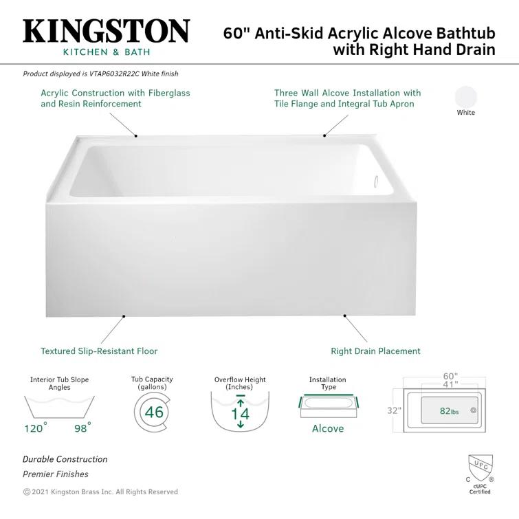 Kingston Brass VTAP6032R22C Kingston Brass Aqua Eden 60-Inch Acrylic Rectangular 3-Wall Alcove Tub with Anti-Skid Surface