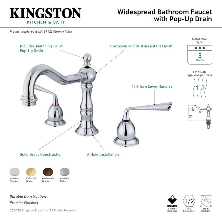 Kingston Brass Silver Sage Two-Handle 3-Hole Deck Mount Widespread Bathroom Faucet with Brass Pop-Up Drain