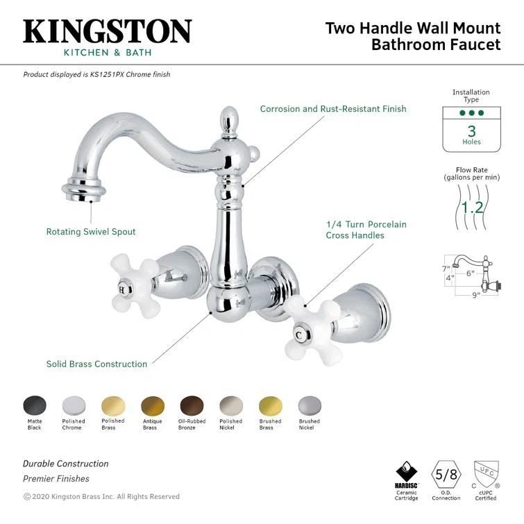 Kingston Brass Heritage Two-Handle 3-Hole Wall Mount Bathroom Faucet