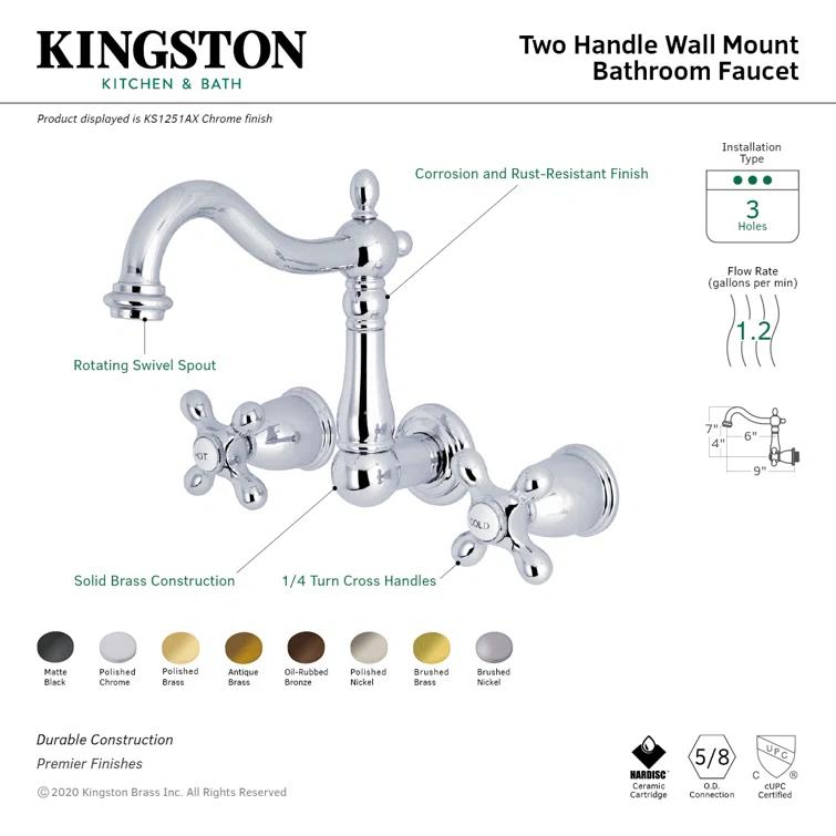 Kingston Brass Heritage Two-Handle 3-Hole Wall Mount Bathroom Faucet