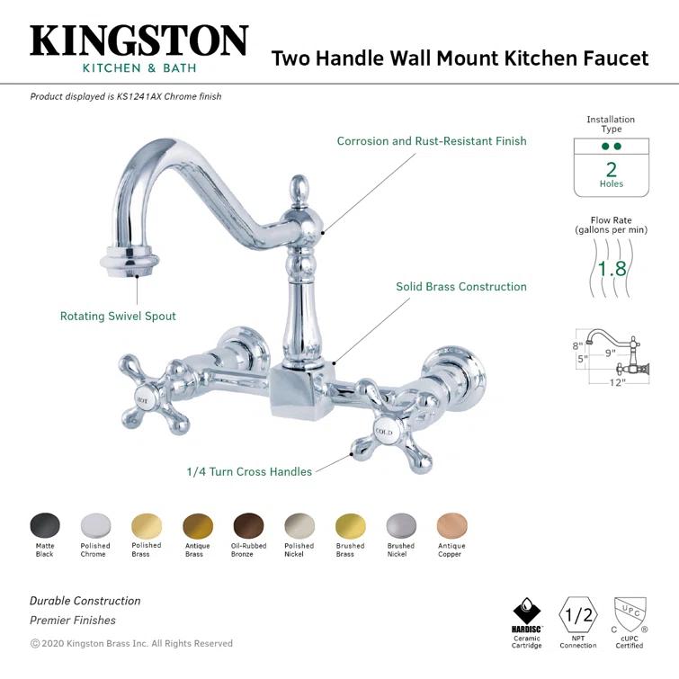 Kingston Brass Heritage Double-Handle 2-Hole Wall-Mount Bridge Kitchen Faucet