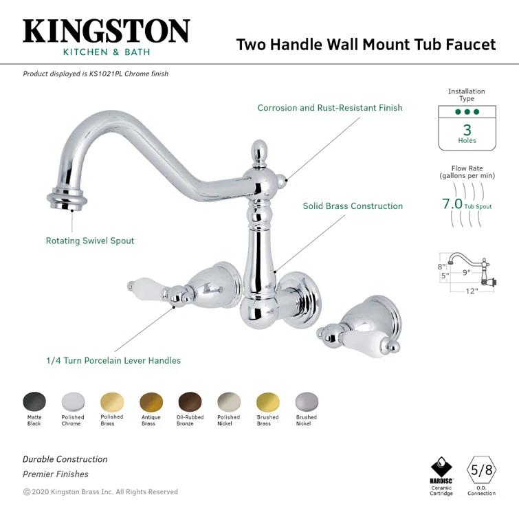 Kingston Brass Heritage Two-Handle 3-Hole Wall Mount Roman Tub Faucet