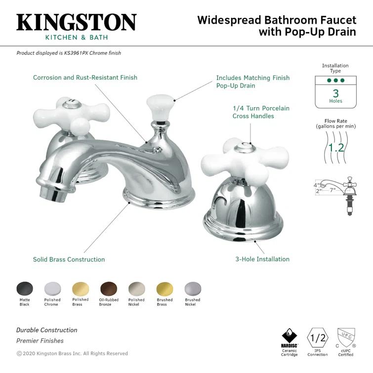 Kingston Brass Restoration Two-Handle 3-Hole Deck Mount Widespread Bathroom Faucet with Brass Pop-Up Drain