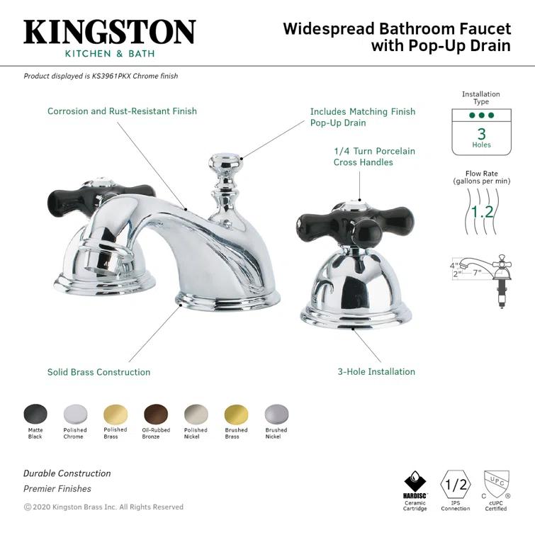 Kingston Brass KS3968PKX Kingston Brass Duchess Two-Handle 3-Hole Deck Mount Widespread Bathroom Faucet with Brass Pop-Up Drain