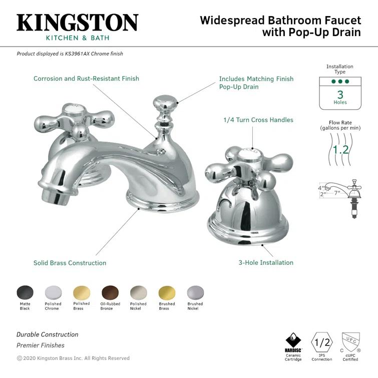 Kingston Brass Duchess Two-Handle 3-Hole Deck Mount Widespread Bathroom Faucet with Brass Pop-Up Drain