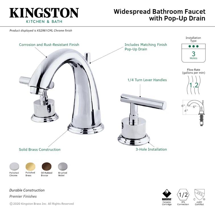 Kingston Brass Manhattan Two-Handle 3-Hole Deck Mount Widespread Bathroom Faucet with Brass Pop-Up Drain