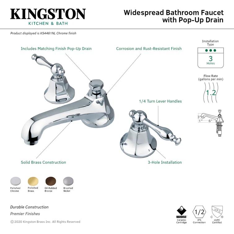Kingston Brass Naples Two-Handle 3-Hole Deck Mount Widespread Bathroom Faucet with Brass Pop-Up Drain