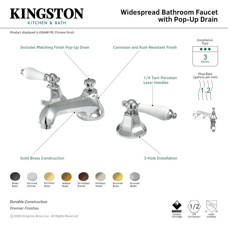 Kingston Brass Metropolitan Two-Handle 3-Hole Deck Mount Widespread Bathroom Faucet with Brass Pop-Up Drain