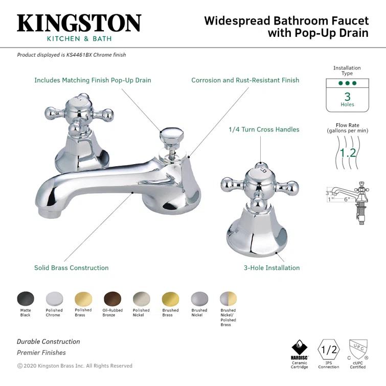 Kingston Brass Metropolitan Two-Handle 3-Hole Deck Mount Widespread Bathroom Faucet with Brass Pop-Up Drain
