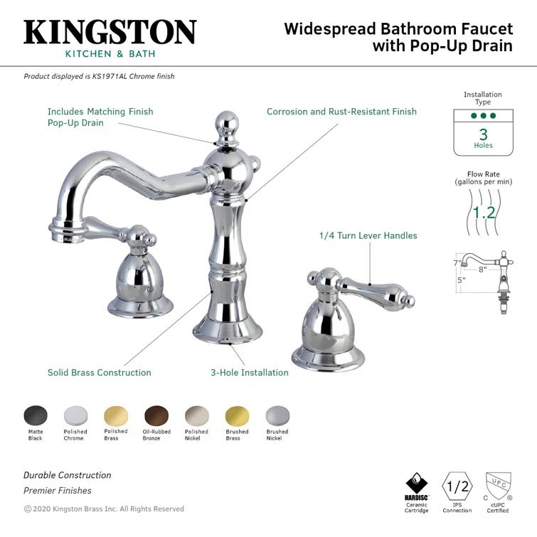 Kingston Brass Heritage Two-Handle 3-Hole Deck Mount Widespread Bathroom Faucet with Brass Pop-Up Drain