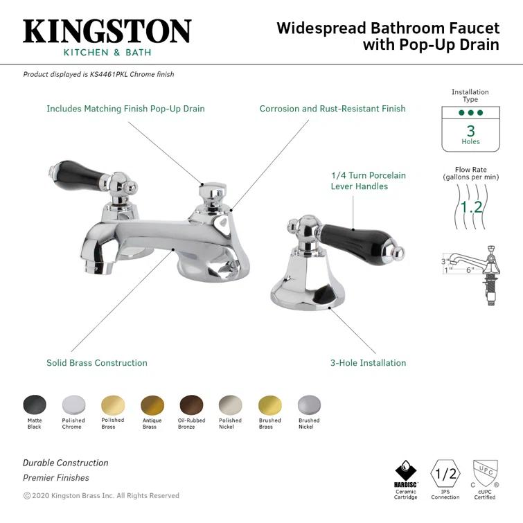 Kingston Brass KS4461PKL Kingston Brass Duchess Two-Handle 3-Hole Deck Mount Widespread Bathroom Faucet with Brass Pop-Up Drain