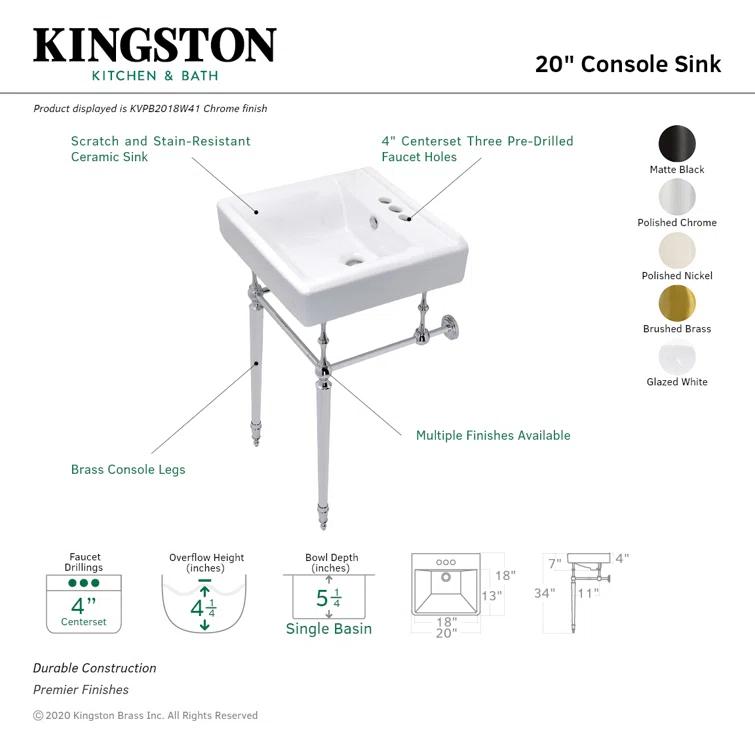 Kingston Brass Edwardian 20-Inch Porcelain Console Sink with Brass Legs (4-Inch, 3-Hole)