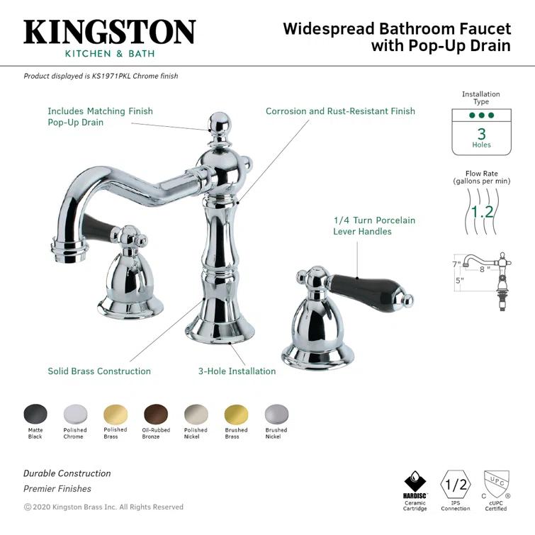 Kingston Brass Duchess Two-Handle 3-Hole Deck Mount Widespread Bathroom Faucet with Brass Pop-Up Drain