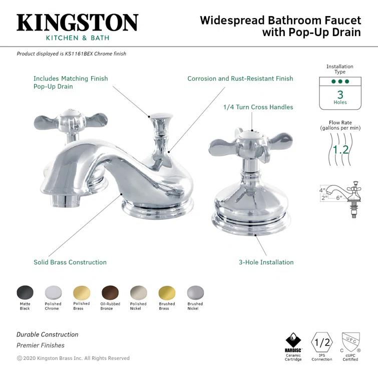 Kingston Brass Essex Two-Handle 3-Hole Deck Mount Widespread Bathroom Faucet with Brass Pop-Up Drain