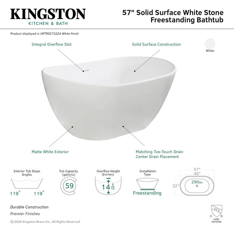 Kingston Brass Arcticstone Solid Surface Oval Double Slipper Freestanding Tub with Drain