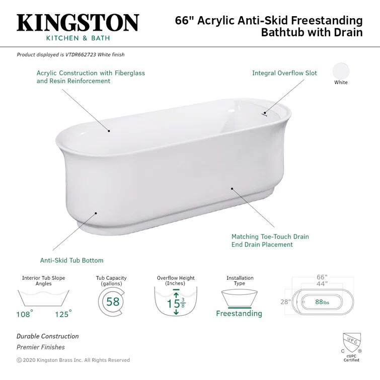 Kingston Brass Aqua Eden 66-Inch Acrylic Oval Double Ended Freestanding Tub with Drain and Anti-Skid Surface