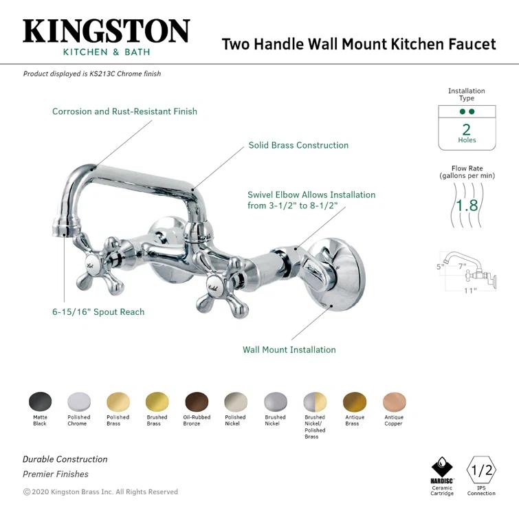 Kingston Brass Kingston Double-Handle 2-Hole Wall-Mount Bridge Kitchen Faucet