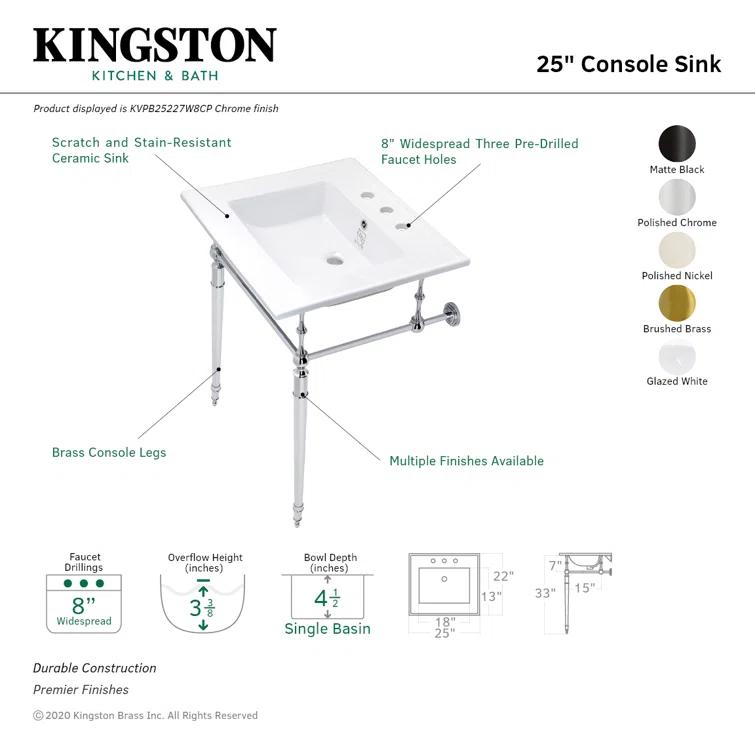 Kingston Brass Edwardian 25-Inch Ceramic Console Sink with Brass Legs (8-Inch, 3-Hole)