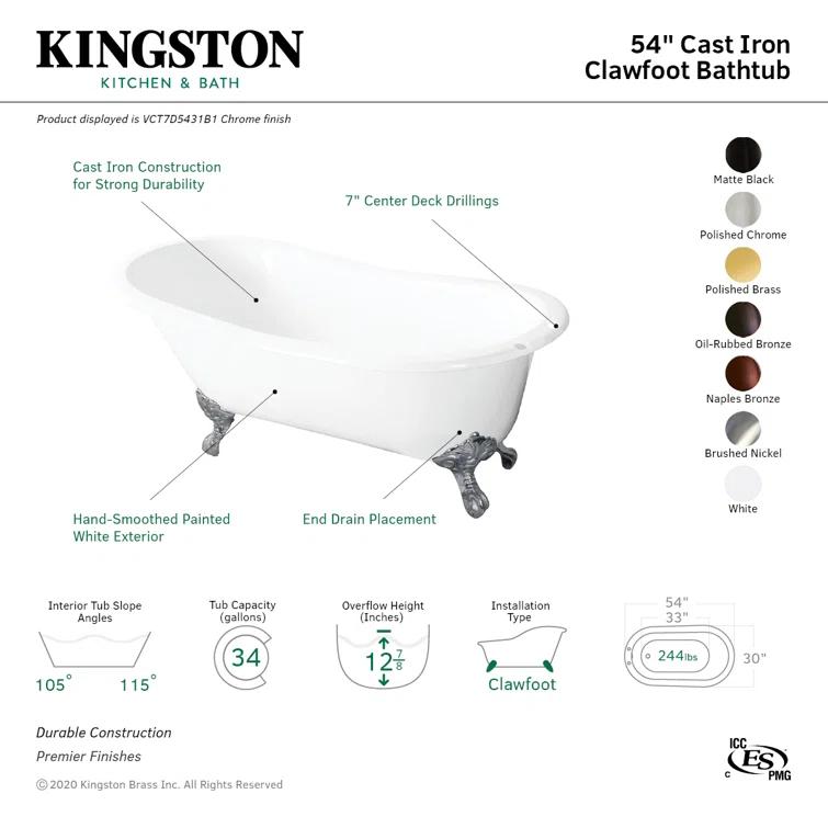 Kingston Brass Tazatina 54-Inch Cast Iron Oval Single Slipper Clawfoot Tub (7-Inch Faucet Drillings)