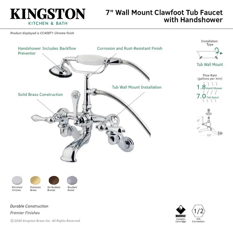 Kingston Brass Vintage Three-Handle 2-Hole Tub Wall Mount Clawfoot Tub Faucet with Hand Shower