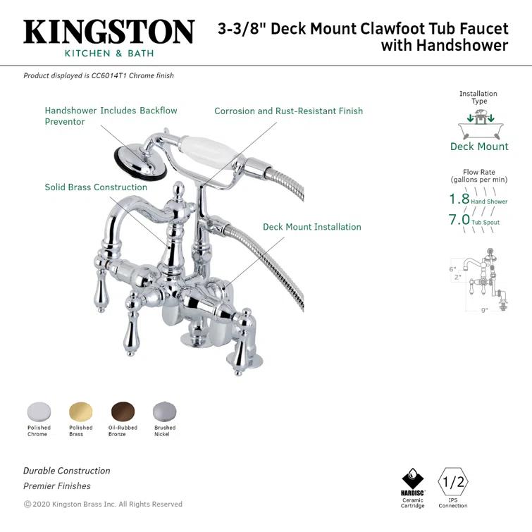 Kingston Brass Vintage Three-Handle 2-Hole Deck Mount Clawfoot Tub Faucet with Hand Shower
