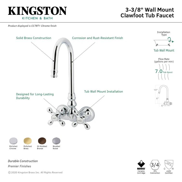 Kingston Brass Vintage Two-Handle 2-Hole Tub Wall Mount Clawfoot Tub Faucet