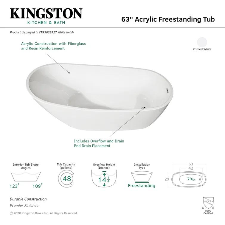 Kingston Brass VTRS632927 Kingston Brass Aqua Eden 63-Inch Acrylic Oval Single Slipper Freestanding Tub with Drain
