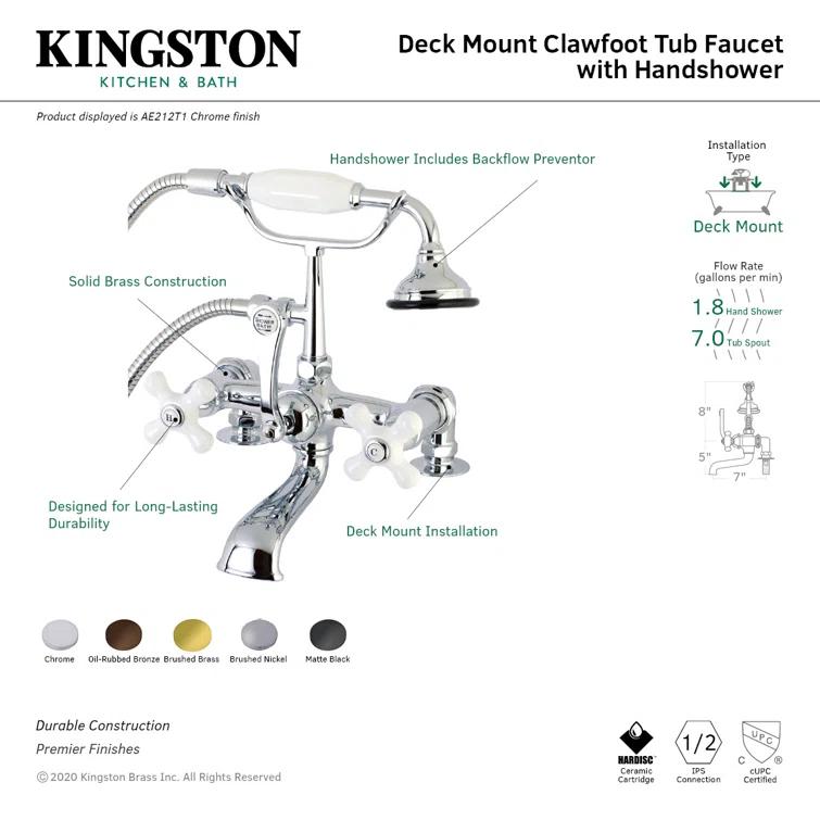 Kingston Brass Aqua Vintage Three-Handle 2-Hole Deck Mount Clawfoot Tub Faucet with Hand Shower