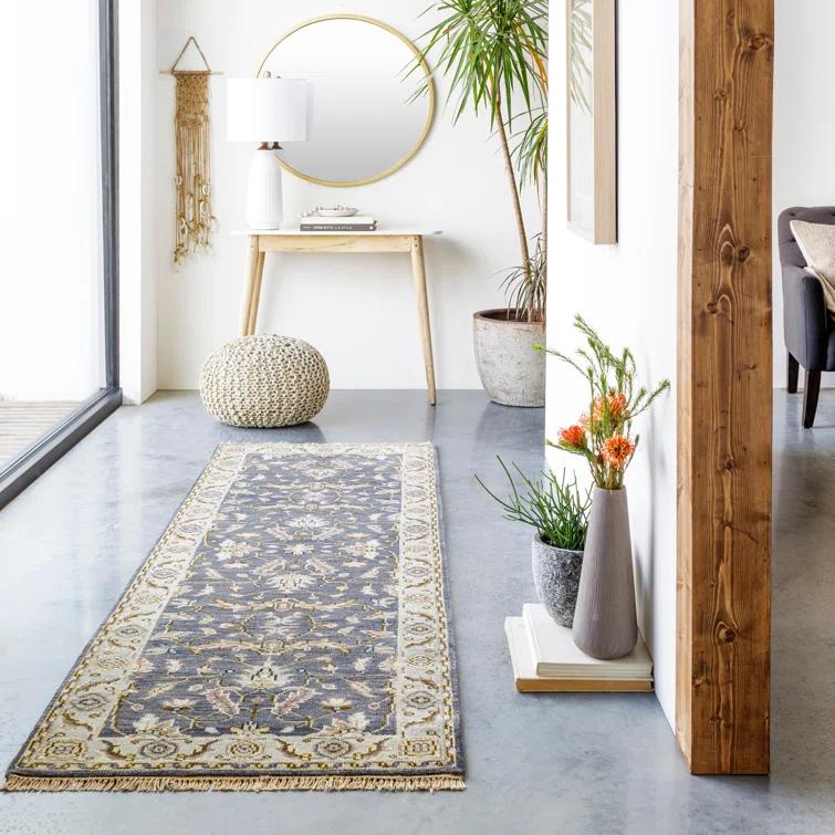 Hand-Knotted Blue and Charcoal Wool Rectangular Rug