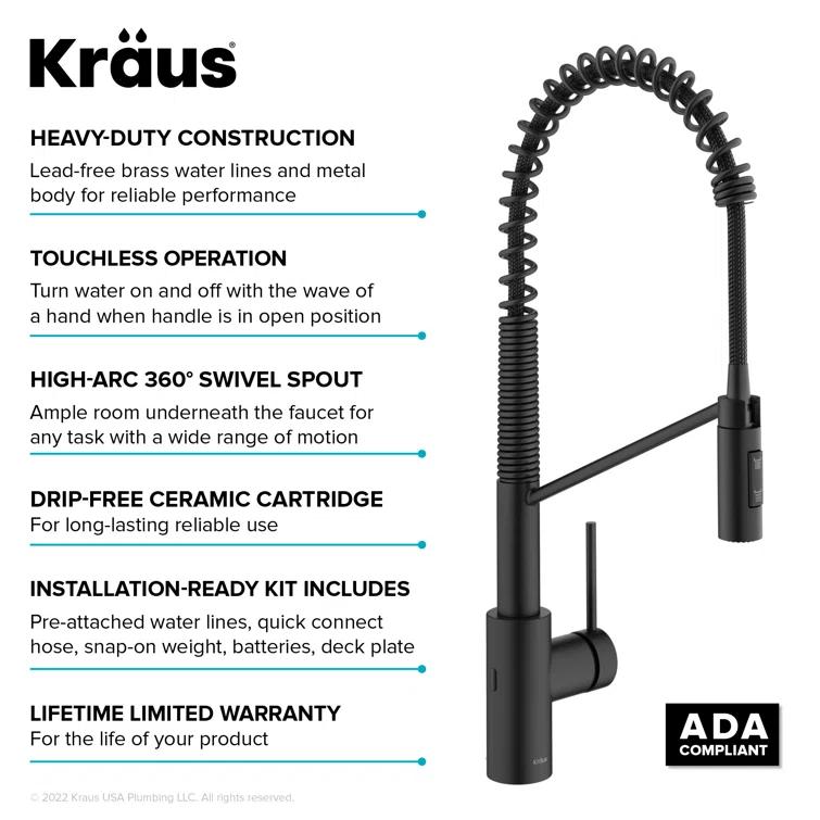 KRAUS Oletto Touchless Sensor Commercial Pull-Down Single Handle Kitchen Faucet with QuickDock Top Mount Assembly