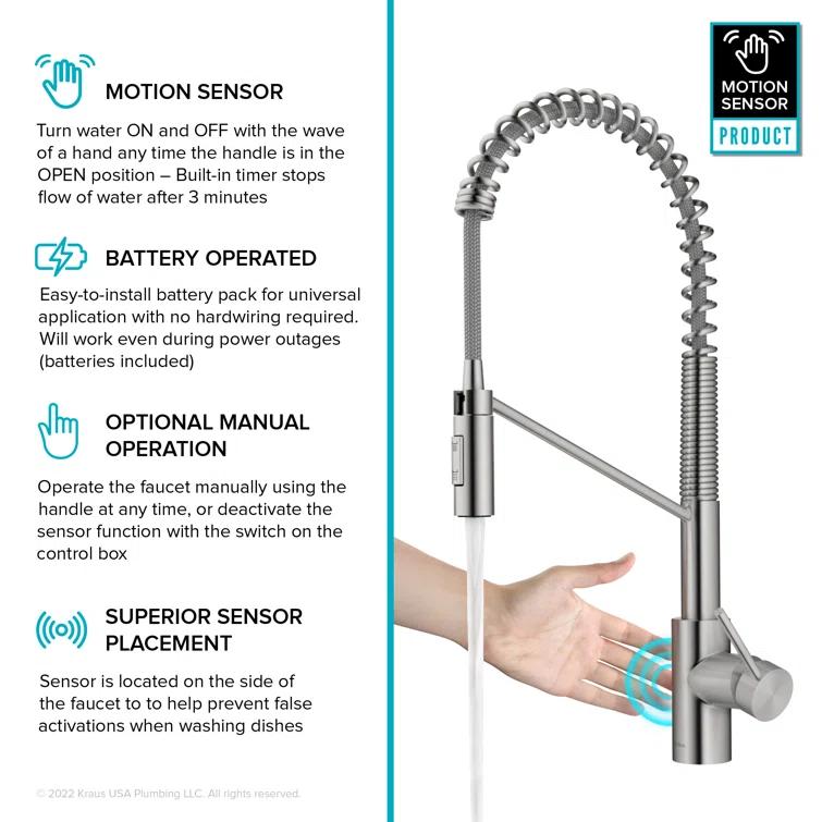 KRAUS Oletto Touchless Sensor Commercial Pull-Down Single Handle Kitchen Faucet with QuickDock Top Mount Assembly