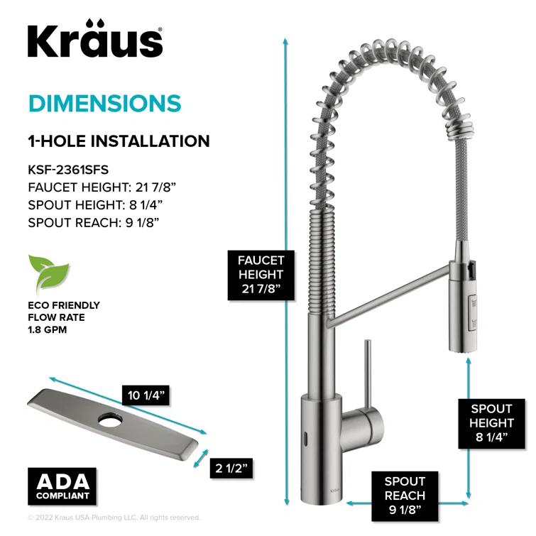 KRAUS Oletto Touchless Sensor Commercial Pull-Down Single Handle Kitchen Faucet with QuickDock Top Mount Assembly