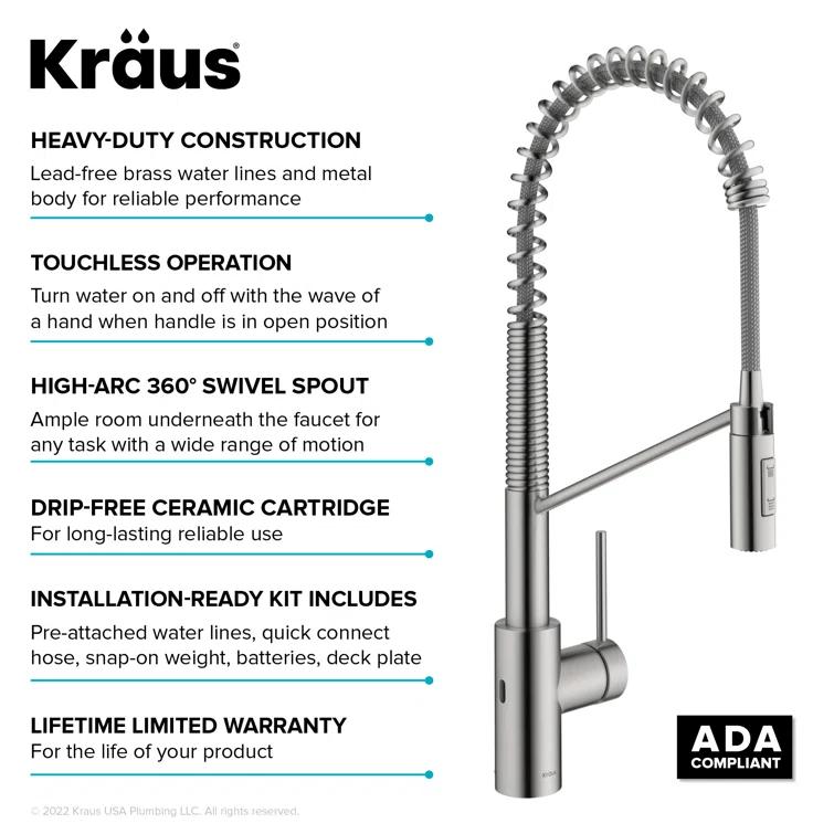 KRAUS Oletto Touchless Sensor Commercial Pull-Down Single Handle Kitchen Faucet with QuickDock Top Mount Assembly