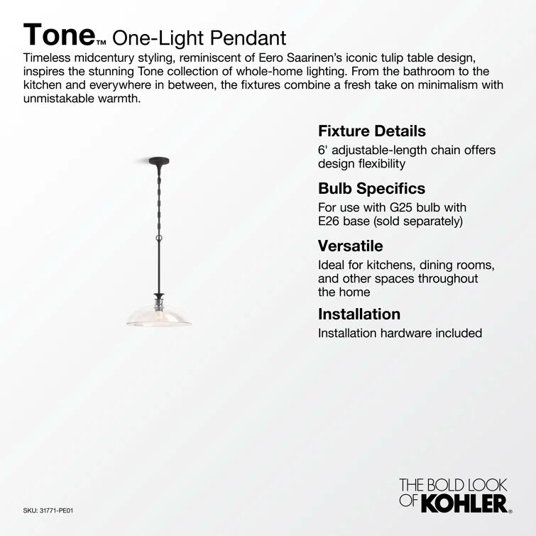 Tone 1 Light Pendant Lighting Fixture for Kitchen Island, 6' Adjustable Cord Length