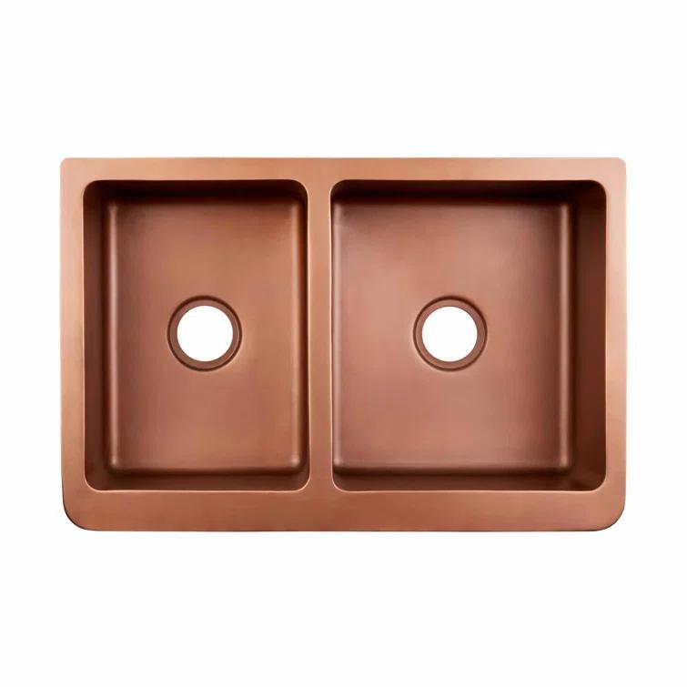 Signature Hardware 318919 33" Vine Design 60/40 Offset Double-Bowl Copper Farmhouse Sink