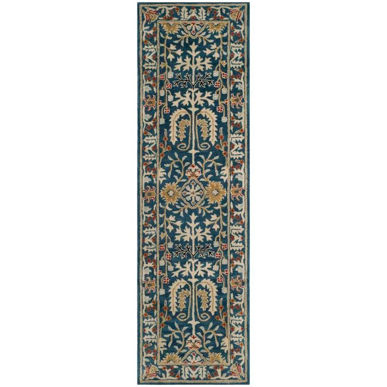 Hand-Tufted Dark Blue Wool Runner Rug with Multi-Color Pattern