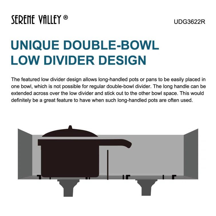 36 in. Double Bowl Undermount Kitchen Sink, Thin Divider and Heavy-Duty Grids