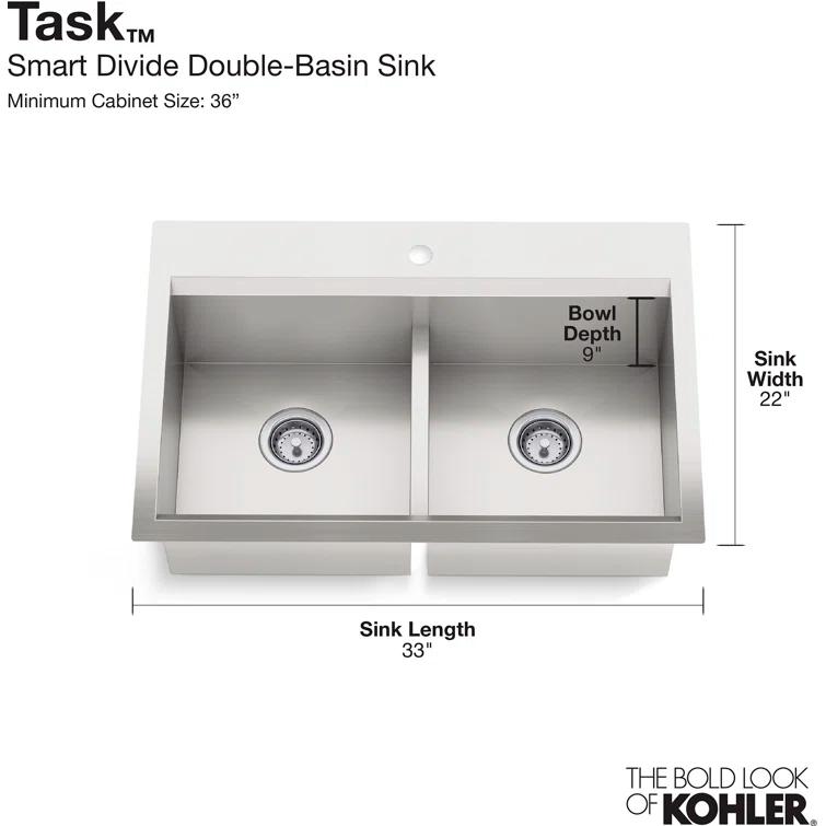 Kohler Task Smart Divide33-In X 22-In Top-Mount/Undermount Double-Equal Workstation Kitchen Sink With Accessories K-80085-1PC-NA